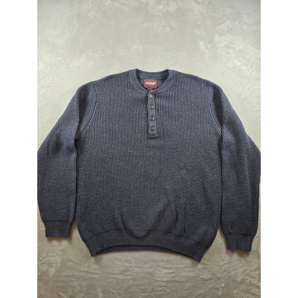 Alesbury Henley Sweater Mens XL Blue Waffle Knit Speckled Wool Blend Pullover